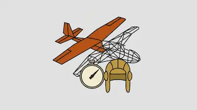 Flat illustration of an orange airplane, a wireframe glider, a pilot helmet, and a gauge on a gray background
