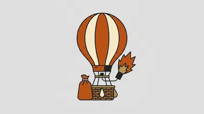 Flat illustration of an orange and cream hot air balloon with a wicker basket, sandbag, and flame on a gray background