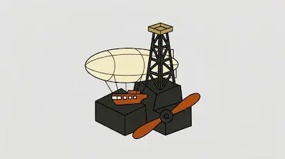 Flat illustration of a cream blimp, a black oil derrick, and an orange propeller on a light grey background
