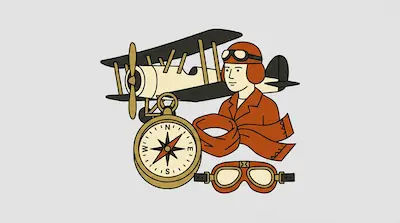A vintage biplane, a pilot wearing a leather helmet, a compass, a scarf, and a pair of goggles.