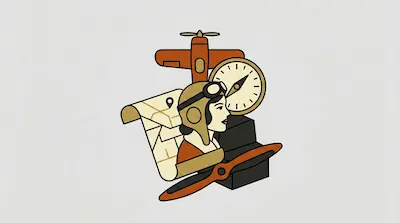 An aviator wearing a flight cap and goggles surrounded by a compass, a map, an airplane, and a propeller.