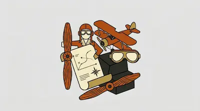 Flat illustration of a vintage pilot with a biplane, wooden propellers, goggles, and a flight map on a gray background