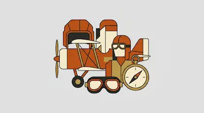 A vintage biplane, a pilot in a flight cap, a compass, and goggles are arranged in a stylized graphic.