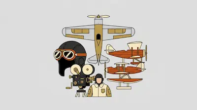 A collection of vintage aviation graphics featuring planes, an aviator helmet, a movie camera, and a pilot.