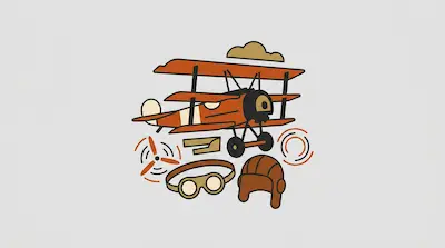 Flat illustration of the Red Baron biplane with vintage goggles, propeller, and aircraft elements