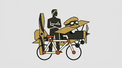 A man stands behind a bicycle surrounded by a large propeller, a biplane, and a pilot's cap with goggles.
