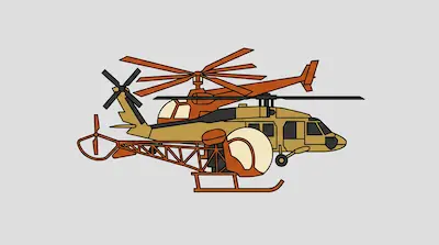 Three stylized helicopters in tan and orange are layered together against a gray background.