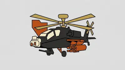 A stylized black attack helicopter with tan rotors and orange missile pods.