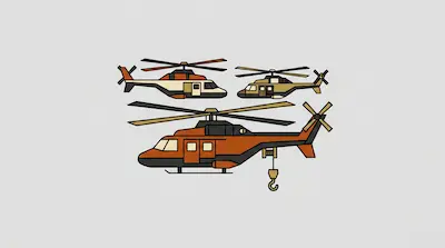 Three stylized helicopters in orange and tan, with the largest one featuring a rescue hook.