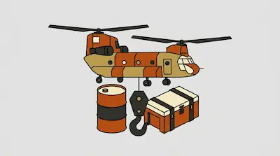 A stylized tandem-rotor helicopter with a cargo hook hangs above a barrel and a crate.