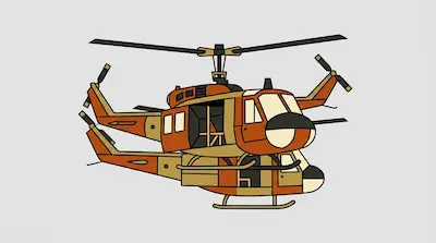 A stylized orange and tan helicopter with bold black outlines and a main rotor.