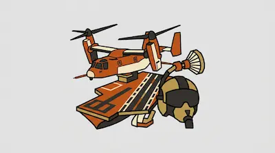 Stylized orange tiltrotor aircraft, aircraft carrier deck, and pilot's helmet with an oxygen mask.