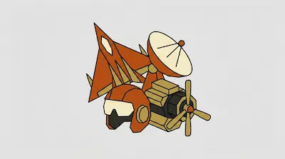 A collection of stylized aviation icons including a jet, a satellite dish, a pilot's helmet, and a propeller engine.