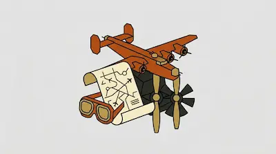 Flat illustration of an orange vintage bomber plane, a flight map, and aviator goggles on a light grey background
