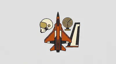 Flat illustration of an orange fighter jet, a pilot helmet, and a radar screen icon on a light gray background