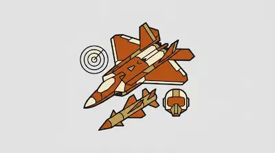 A stylized orange and tan fighter jet accompanied by a missile, a pilot's helmet, and a radar icon.