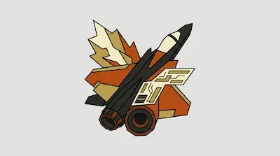 A stylized, angular spacecraft with orange and black panels and two circular engine ports at the base.