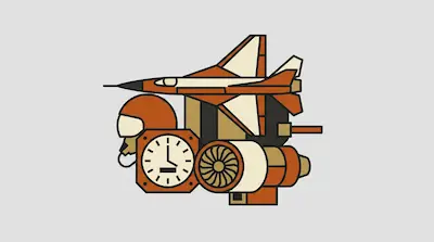 Flat illustration of a fighter jet, a pilot helmet, and a clock in orange and cream tones on a gray background