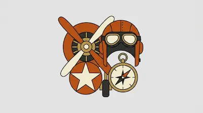 Flat illustration of vintage aviation gear including a pilot helmet, goggles, a propeller, and a compass on a gray background