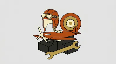 A vintage pilot's helmet with goggles, a propeller plane, a roundel, and a wrench.