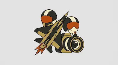Two pilot helmets, a fighter jet with exhaust flames, and a camera lens.