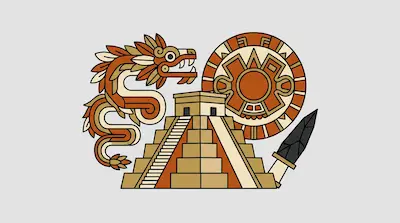 A stylized feathered serpent, a step pyramid, a circular stone disc, and an obsidian spear in earthy tones.