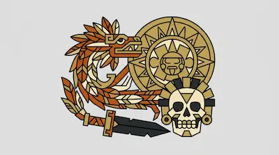 A feathered serpent, a sun disk, a skull with a headdress, and a bladed weapon are arranged in a geometric style.