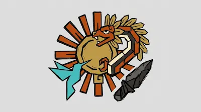 A feathered serpent, a turquoise hummingbird, and a dark stone blade are arranged around a central golden circle with radiating red beams.