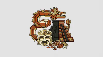 A stylized feathered serpent, a stepped pyramid, a mask, and cocoa beans in a geometric design.