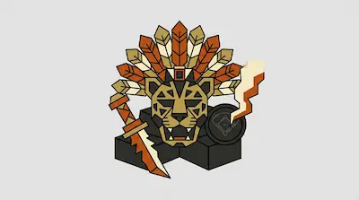 A geometric jaguar head wearing a feathered headdress, positioned between a jagged sword and a shield with a baseball diamond pattern.