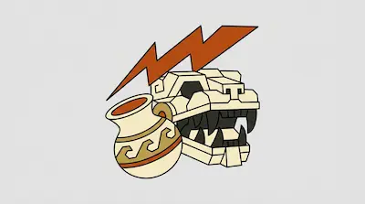 A stylized animal skull with sharp teeth, an orange lightning bolt, and a patterned ceramic pot.