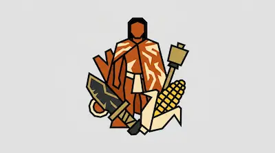 A stylized person in a patterned cloak stands behind a large sword, an ear of corn, and a staff.