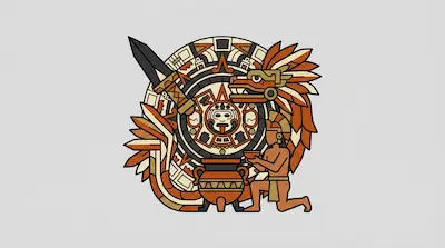 A stylized graphic featuring a circular calendar disc, a feathered serpent, a kneeling figure holding a bowl, a pot, and a bladed weapon.