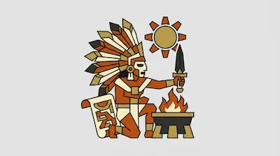 A stylized figure wearing a large feathered headdress kneels beside a flaming brazier, holding a dagger and a scroll.