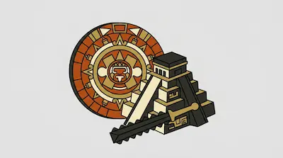 A stylized Aztec sun stone, a stepped pyramid, and a macuahuitl club.