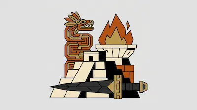 A stylized graphic of a feathered serpent, a stepped pyramid, a flaming brazier, and a large sword.