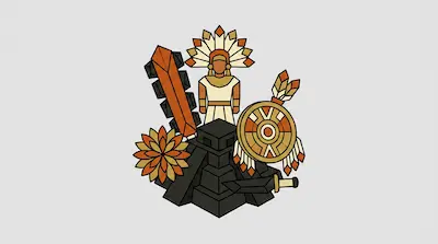 A stylized figure in a feathered headdress stands behind a stepped pyramid, surrounded by a wooden sword with dark blades, a round shield, and a flower.
