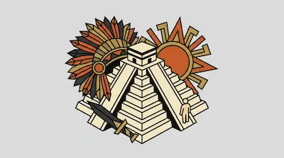 A step pyramid is flanked by a feathered headdress and a stylized sun, with a sword and a small human figure at its base.