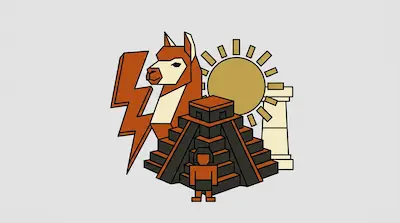 A llama, a lightning bolt, a sun, a stepped pyramid, a person, and a column are arranged in a geometric composition.