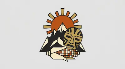 A stylized graphic featuring a sun, snow-capped mountains, a mask, and an ear of corn.