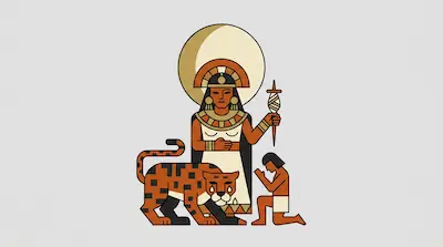 A woman in a headdress holds a spindle next to a crying jaguar and a kneeling person.