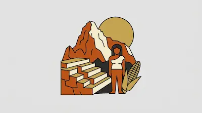 A person stands next to an ear of corn, stone steps, and a mountain under a large sun.