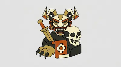 A geometric illustration of a horned mask surrounded by a sword, a skull, a clawed hand, and a scroll.