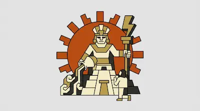 A stylized figure in a headdress pours water from a vessel and holds a staff with a zigzag top in front of a large orange sun. A smaller figure kneels before a stepped pyramid at the base.