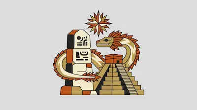 A stylized feathered serpent coils around a stone monument and a stepped pyramid beneath a multi-pointed star.