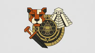 A collection of geometric icons including a jaguar head, a stepped pyramid, a circular calendar stone, and an obsidian-edged sword.