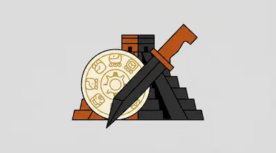 A stylized step pyramid behind a circular disk with glyphs and a large, dark, angular blade.