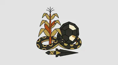 A corn stalk, a coiled snake, a faceted black and white stone, and a spearhead.