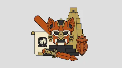 A stylized orange jaguar mask centered among a stepped pyramid, a scroll with a glyph, a cacao pod, and a wooden sword.