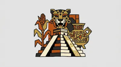 A stylized graphic featuring a jaguar head, a stepped pyramid, a corn stalk, and a decorated pottery vessel.